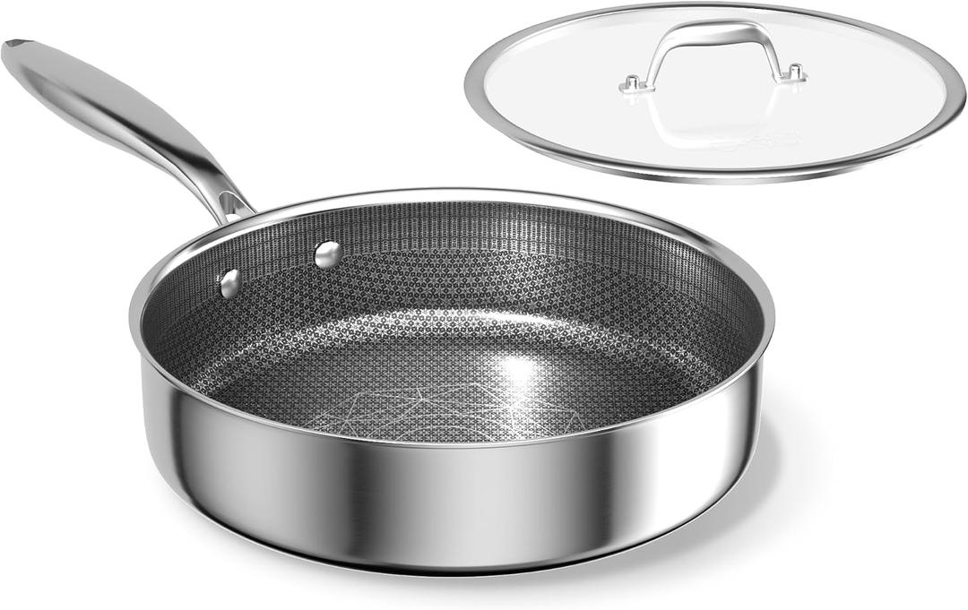 COOKER KING 3.6-Quart Hybrid Stainless Steel Saut Pan with Lid, 10" Tri-Ply Clad Deep Frying Pan, Non-Stick & Non-Toxic Skillet for Egg, Cake, Seafood, Induction Compatible, Oven & Dishwasher Safe
