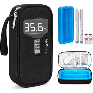 Insulin Cooler Travel Case, TSA Approved Refrigerated Medicine Travel Bag with Protective Ice Brick, Temperature Display Diabetic Medication Cooling Bag for Pen & Vials (Black)