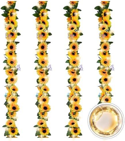 Sunflower Garland Decor 4 Pack 7.5ft Artificial Sunflower Vines Silk Hanging Fake Sunflower Centerpieces for Table Wedding Party Home Decorations Garland with Lights