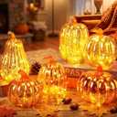 Glooglitter 6 Pack Light Up Glass Pumpkin with Timer Fall Decor, Gold
