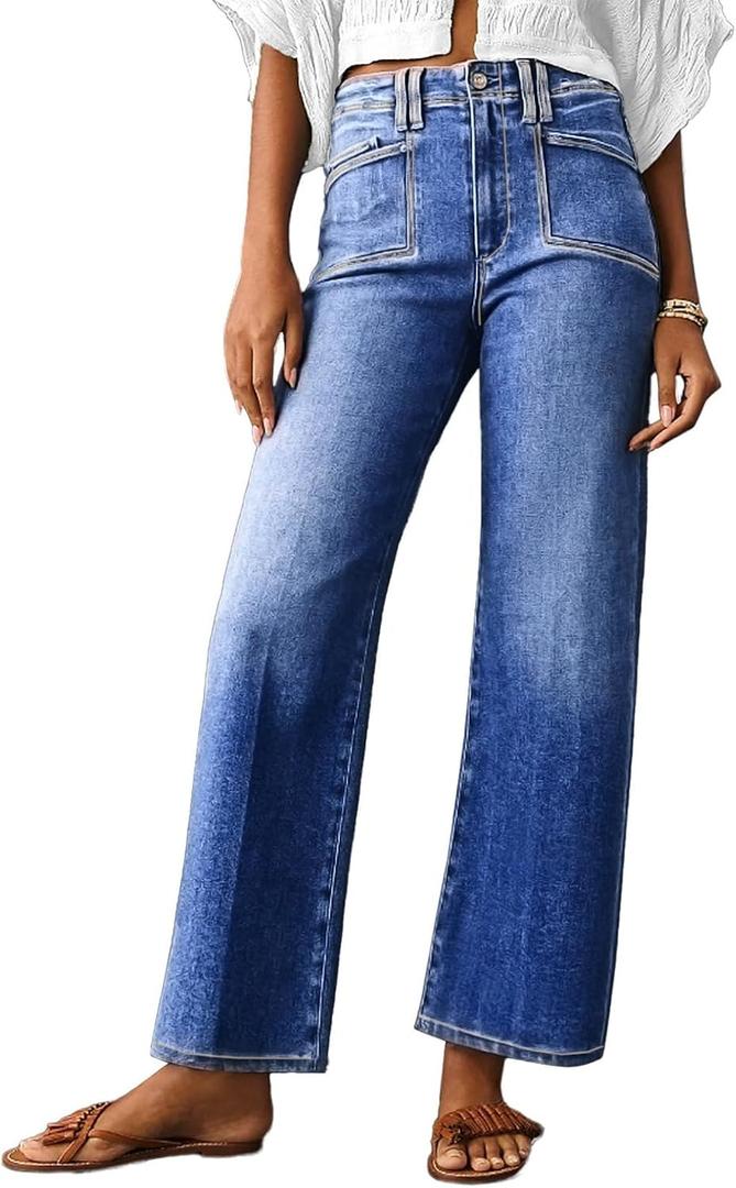 Astylish Womens Wide Leg Jeans High Waisted Stretchy Buttoned Denim Pants Trendy 2025 with Pocket (Blue)