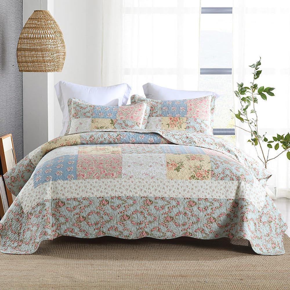 Cotton Bedspread Quilt Bedding Sets 3 Pieces Reversible Coverlet Sets Comforters Green Rose Floral Patchwork Bedspread, Queen Size