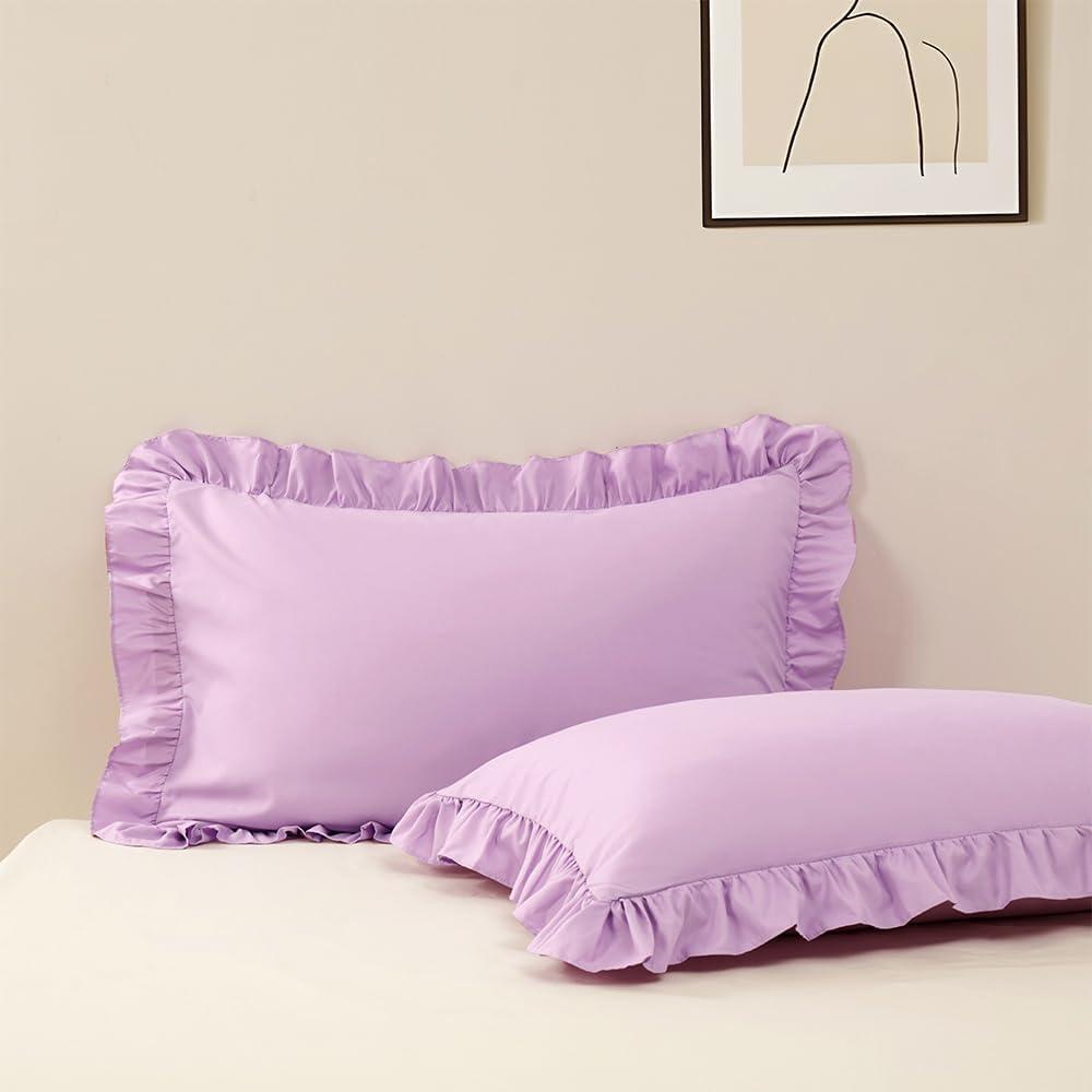 Standard Pillow Cases Set of 2, 20x26 Microfiber Ruffle Pillowcases Purple Pillow Shams, Soft Breathable and Non Shrinking Envelope Pillow Cases Lace Pillow Cases