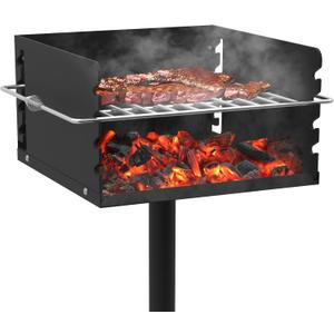 Park Style Charcoal Grill, Heavy Duty In Ground Park Grill with Stainless Steel Cooking Grate and Cover for Commercial and Outdoor Cooking 16'' L x 16'' W x 8'' H