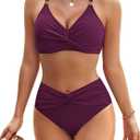 Blooming Jelly Women's High Waisted Bikini Sets Matel Tummy Control Swimsuits V Neck Twist Front Bathing Suit (L)
