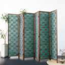 Furnnylane 6 Panel Room Divider Screen and Folding Panel Screen,Double Sided Bamboo Divider for Room Separation,Blue Square,67" H x 94.5" W