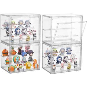Clear Acrylic Display Case, 4 Pack 3 Tier Adjustable Display Box Stand with 2 Movable Plates, Small Showcase Magnetic Door for Mini Action Figures Collectibles (Small)