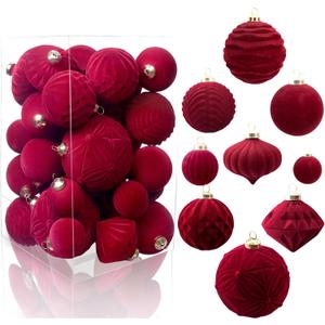 42PCS Red Velvet Christmas Ball Ornaments, Flocked Vintage Rustic Farmhouse Baubles in Assorted Sizes for Xmas Tree Decorations, Hanging Ornaments for Home, Party & Wedding Dcor (Burgundy Red)