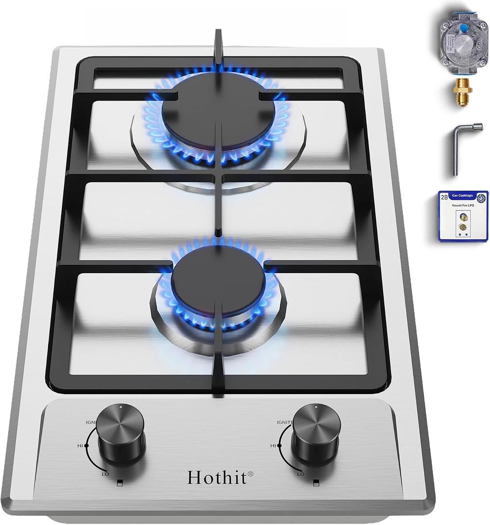 Hothit 2 Burner 12 inch Gas Cooktop, LPG/NG Dual Fuel Built-in Electronic Ignition Propane Stove Top with Pressure Regulator, Stainless Steel Gas Hob for Kitchen, Apartment, Outdoor(AHT12IN10S)