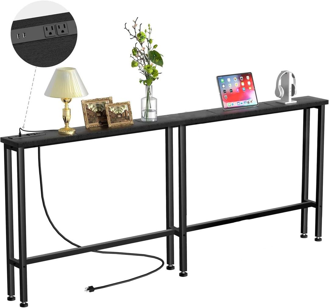 70" Narrow Console Sofa Table with Power Outlets & 2 USB Ports, Metal Frame, Black, Perfect for Hallway, Office, and Behind Sofa - Easy Assembly, 4.9' Extension Cord Included