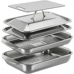 Grilling Prep and Serve Trays,Grill Carry System with Lid and Cutting Board, Stainless Steel Large Capacity Food Prep Trays, Camping Gifts for Men, Marinade Container for Outdoor BBQ Grill Accessories