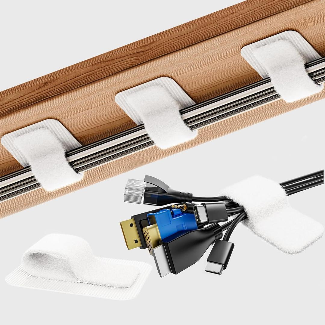 Cable Management Under Desk, Up to 15 CordEnhanced Wire Holder Reusable Cord Organizer Holder, Adjustable Hook and Loop Cable Ties, Wire Clips Under Table Hider, 20 Pair(White)