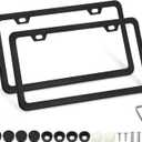2 Pack License Plate Frames, 2 Holes Matte Black License Plate Frame,Aluminum License Plate Holder with Free Screws Fasteners Caps and Tool (Black-2 Holes)