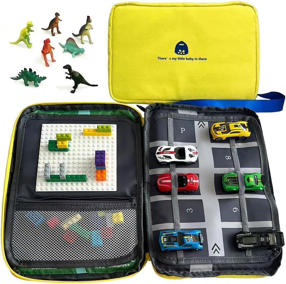 Portable Kids Play Case with Toy Cars, Dinosaur Design, Building Base Plate, and City Road Map, Educational Travel Activity Set Travel Toys Birthday gift for kids aged 3-6