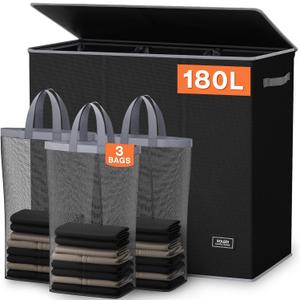 SOLEDI 180L Laundry Hamper 3 Section, Extra Large Laundry Hamper with Lid, Dirty Clothes Hamper with Sturdy Handle, Large Laundry Basket Organizer for Laundry Room, Bedroom, Hampers for Laundry (Black)