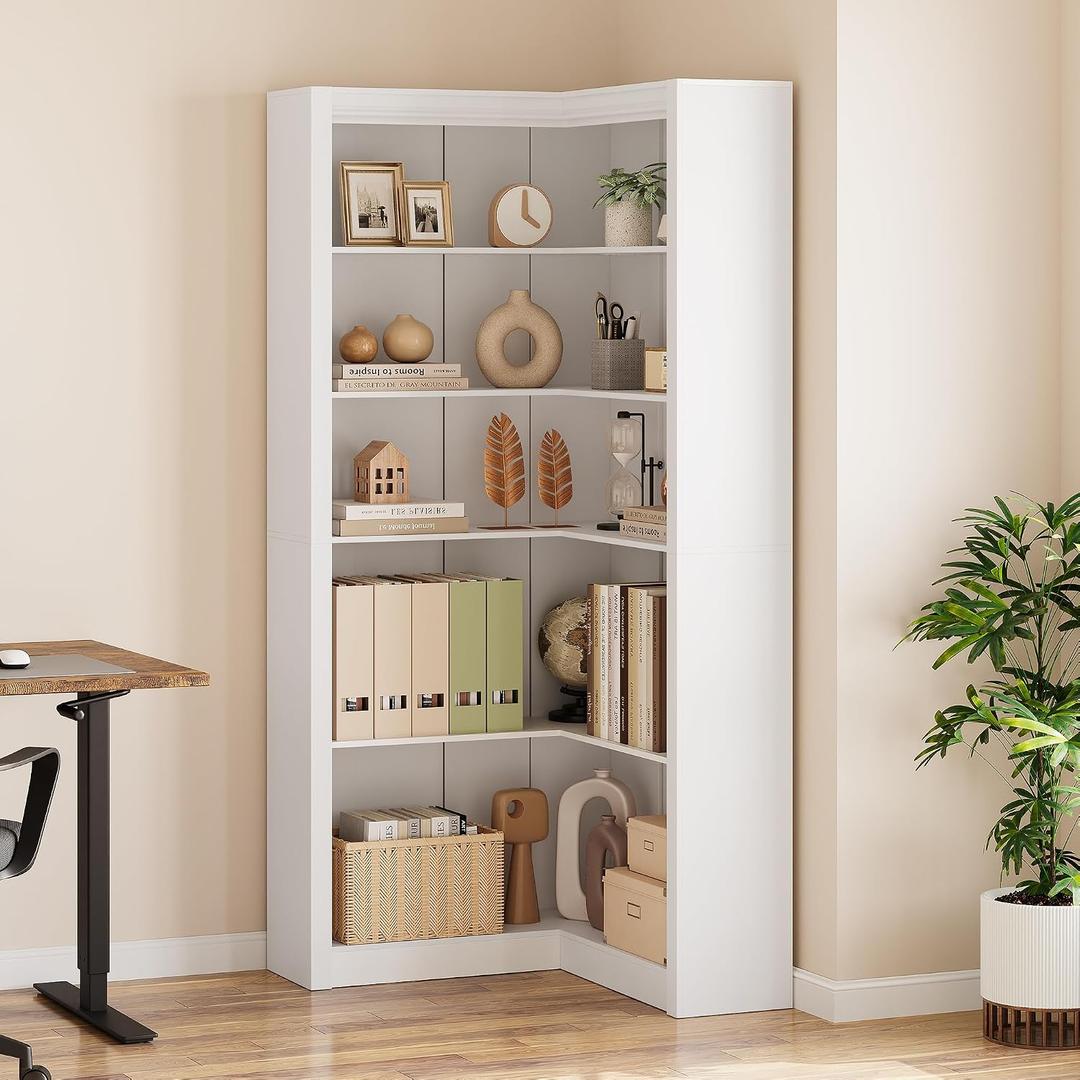 GarveeHome Corner Bookshelf, 71.8 in White Corner Bookcase, L-Shaped Bookshelf Large Bookcase, 5 Tier Display Shelf Heavy Duty Bookcases, Bookshelves with Storage, 31.5 x 31.5 x 71.8 inches