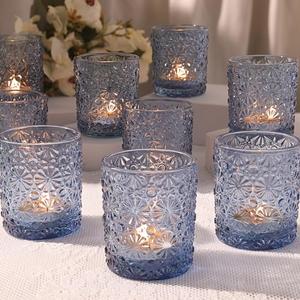 Blue Votive Candle Holder Set of 12, Flower Tea Lights Candles Holders for Wedding Table Centerpieces, Birthday Parties, Home Decor, Blue Bridal Shower and Holiday Decorations