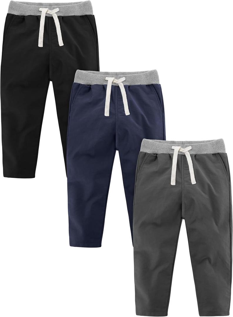 Resinta 3 Packs Boys and Toddlers' Pull-On Pant Boys Uniform Pants Cotton Pull-on Pants with Drawstring, Size: 4T