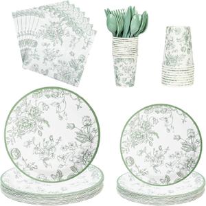 175Pcs Sage Green Floral Paper Plates and Napkins 25 Guests Green Toile Chinoiserie Party Supplies Set Include Plates Napkins Cups Spoons Forks Knives for Birthday Wedding (175, Sage Green Floral)