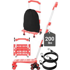 Folding Hand Truck, 200 lbs Durable Luggage cart with All-Terrain Triple Wheels, Multifunctional and Compact Dolly cart with Wheels for Shopping, Moving and Traveling, Red