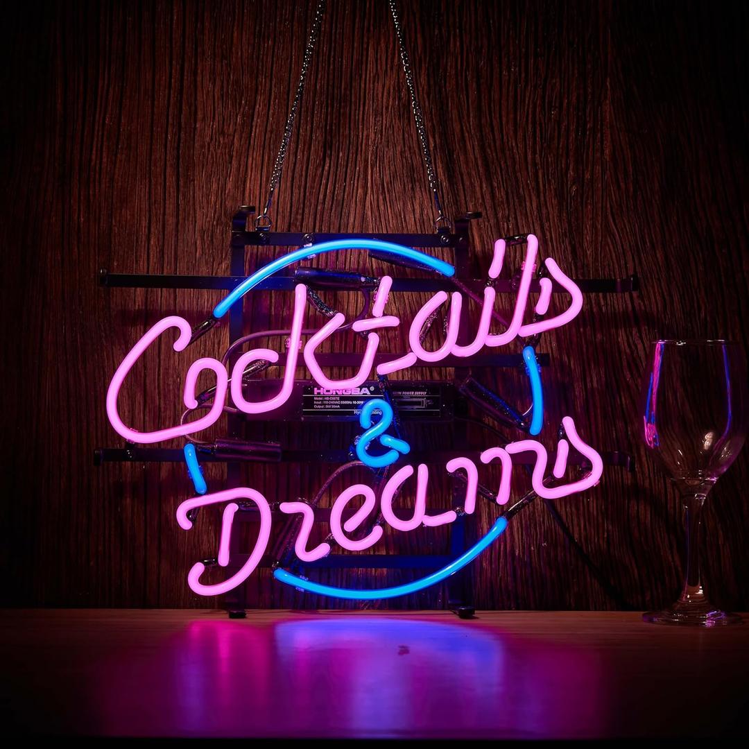 Cocktails and Dreams Glass Neon Signs Beer Bar Club Bedroom Glass Neon Lights Sign for Office Hotel Pub Cafe Wedding Man Cave Neon Light Art Wall Lights