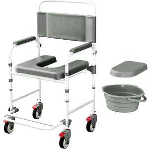 Bedside Commode with Wheels, Shower Wheelchair with 300 LBS Weight Capacity, Portable Toilet with Bucket for Elderly and Disabled