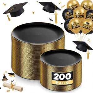 KIRE 200Pcs Black Plastic Plates - Black and Gold Plates Disposable for Party - Include 100 for Dinner and 100 for Dessert for Birthday/Wedding/Graduation