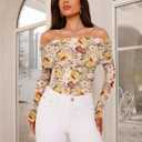 Womens Off Shoulder Long Sleeve Floral Mesh Tops Slim Fit Shirts Tops Fall Outfits 2026 (Large)