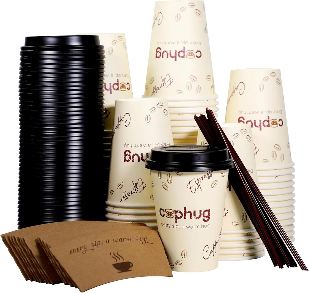 12 oz Disposable Coffee Cups with Lids, Sleeves and Straws 100Pack, Thickened Leak-Proof Insulated Paper Cups for Hot Drinks, Home, Office, Cafe, Party