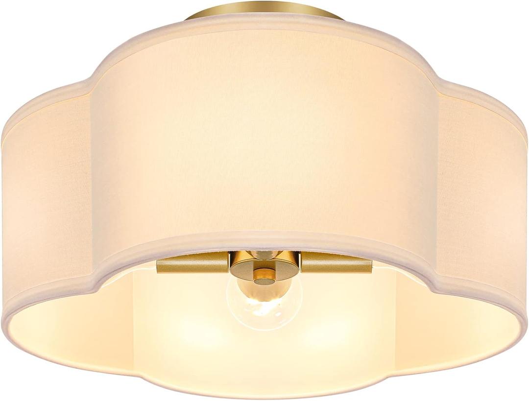 4-Light 14.4'' Semi Flush Mount Ceiling Light Fixture, Gold Modern Close to Ceiling Lamp with White Fabric Shade, Farmhouse Bright Lighting Brass Finish for Nursery Kids Room Bedroom Hallway Entryway