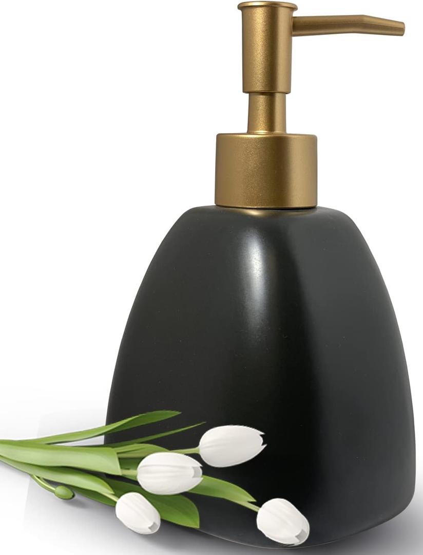Liquid Soap Dispenser for Bathroom with Gold PumpDish Soap Dispenser for KitchenRefillable Countertop Lotion Ceramics Black Hand Soap Dispenser for Shower 430ml (Pyramid Matt Black Bottle) (Pyramid Black Bottle)