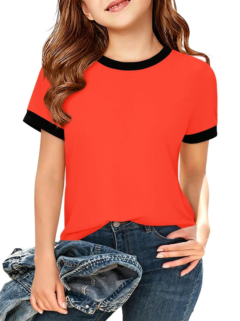 ZDC Girls Athletic Shirts Kids Summer Short Sleeve Workout T Shirt Quick Dry Tops Color Block Gym Yoga Tee Bright Orange, 11-12 Years old