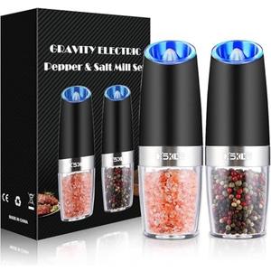 XinXu Gravity Electric Pepper and Salt Grinder Set, Adjustable Coarseness, Battery Powered with LED Light, One Hand Automatic Operation, Black -2 Pack XinXu Gravity Electric Pepper and Salt Grinder Set, Adjustable Coarseness, Battery Powered with LED Light, One Hand Automatic Operation, Black -2 Pack