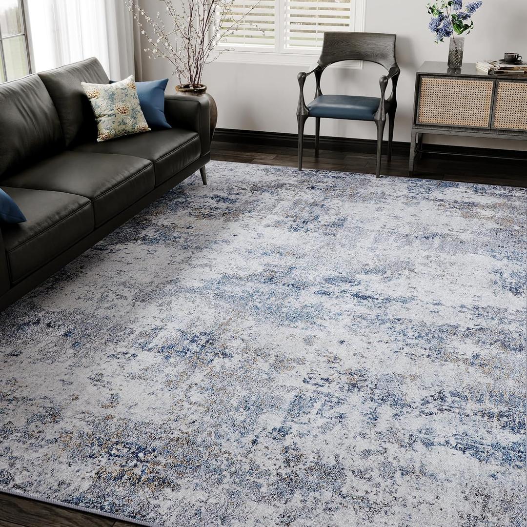 HUGEAR 9x12 Washable Rugs Grey Blue Hallway Large Area Rug Indoor Accent Rug Abstract Non Slip Low Pile Carpet Distressed Throw Rug for Bedroom Living Room Office Dining Room Kitchen Laundry Room