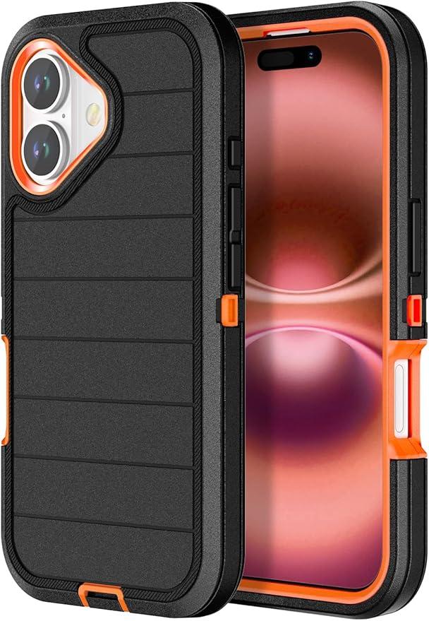 for iPhone 16 Case Heavy Duty 3-Layer[Shockproof][Dropproof][Dust-Proof] Military Grade Rugged Full Body Protection Cover Case for Apple iPhone 16 5G 6.1 inch,Black/Orange
