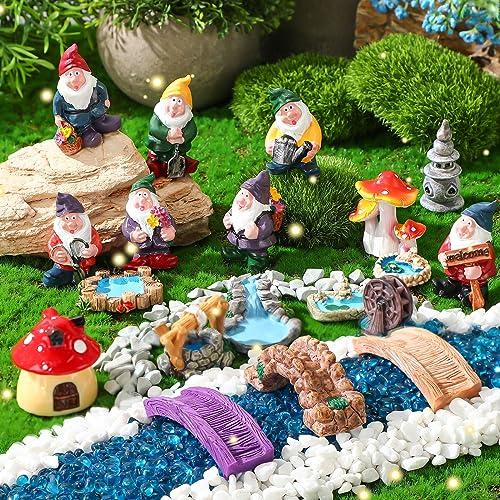 Unittype 19 Pcs Gnome Garden Accessories Tiny Fairy Gnome Figurines Miniature Bridge Mushroom Lighthouse Water Well Pond Resin Garden Decorations Miniature Figurines for Craft