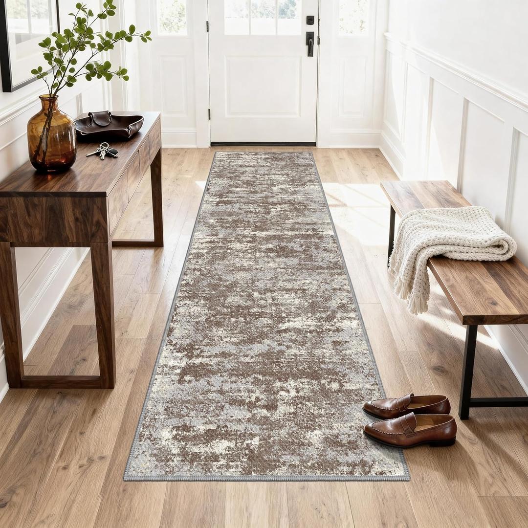 Abstract Washable Runner Rug 2x6, Brown Non-Slip Hallway Rug, Woven Non-Shedding Thin Runners for Entryway, Kitchen, Laundry Room - Deep Brown (Stain-Resistant Version, 2x6ft)