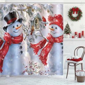 Christmas Winter Snowman Shower Curtain Snowy Pine Tree Branch Cardinal Xmas Holiday Shower Curtain for Bathroom Waterproof Polyester Fabric Bathroom Curtain 72 x 72 Inch with 12 Plastic Hooks