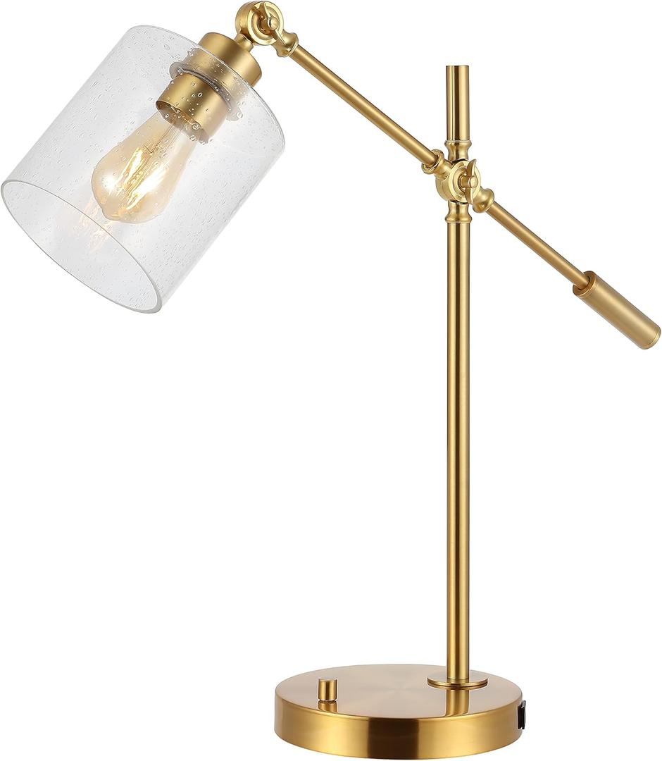 JONATHAN Y 23" Brass Gold 1-Light Iron and Seeded Glass Task Lamp, Modern Industrial Adjustable Desk Lamp with USB Charging Port for Home Office, UL Listed, LED Bulb Included JYL3082A