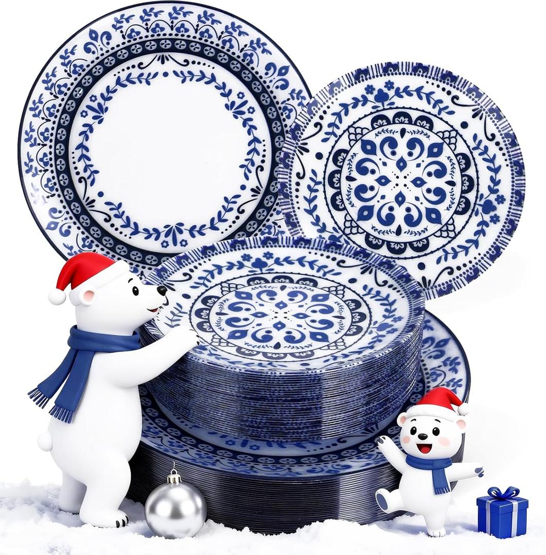 Hioasis 60pcs Blue Plastic Plates Set - Floral Blue & White Porcelain Design, 10.25" Dinner & 7.5" Dessert Plates Disposable for Christmas (Dishwasher Safe, Traditional Style)