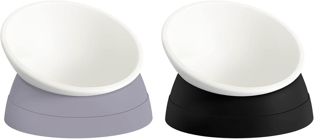 Ravitat 2Pcs Elevated Cat Food Bowl - Adjustable, Anti-Slip & Anti-Noise, Protects Pet's Spine - Thickened Plastic, 17 Oz (Milky White, Black & Milky White, Grey)