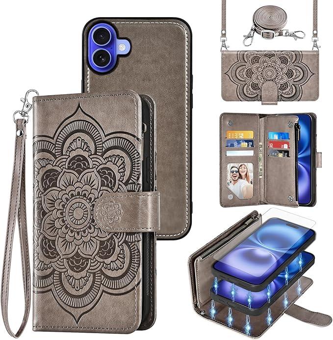 Asuwish Phone Case for iPhone 16 6.1 inch Zipper Wallet Magnetic Detachable Cell Cover with Tempered Glass Screen Protector Crossbody Strap Mandala Flower Card Holder i Phone16 i16 16Case Women Gray