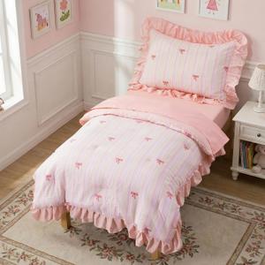 Btargot 4 Pieces Ultra Soft Toddler Ruffle Bedding Set, Cartoon Rainbow Bowknot Pattern Comforter Sets for Baby Girls Boys, Multicolor (Pink Yellow)