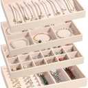 LANDICI Stackable Jewelry Organizer Trays 4 Set,PU Leather Jewelry Organizer Drawer,Jewelry Storage Display Tray for Earring Necklace Rings Bracelet with Removable Dividers,Apricot