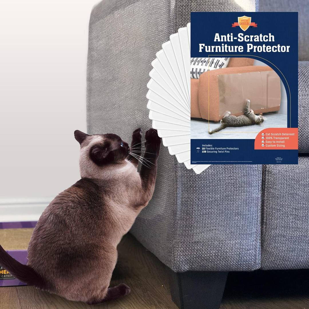 Stelucca Amazing Shields Anti Cat Scratch Furniture Protector - 18 Pack 17 by 12 Couch Protector from Cat Claws w/Twist Pins - Strong, Clear, Easy-to-Apply Scratching Deterrent and Shield for Sofa