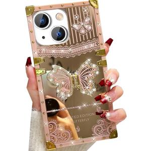 Glitter Kickstand Case for iPhone 15 Plus,Cute Bling Sparkly Rhinestones Butterfly with Foldable Stand Elegant Mirror Back Shockproof Protective Case for Women Girls for iPhone 15 Plus, Pink
