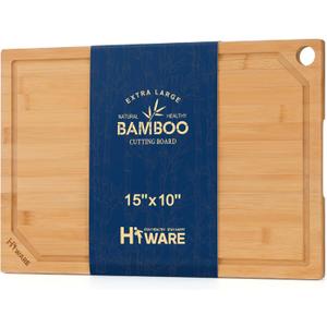 Hiware Bamboo Cutting Board for Kitchen, Heavy Duty Wood Cutting Board with Juice Groove, 100% Organic Bamboo, Pre Oiled, 15" x 10" (Natural)
