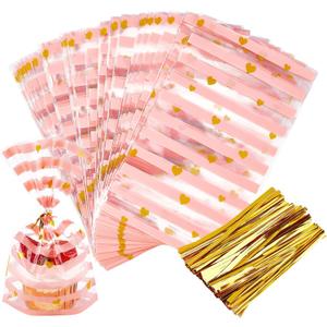 JOERSH 100 Pack 8.1" x 5" Bottom Gusset Clear Cellophane Treat Bags with Ties for Cookies Candy Popcorn Birthday Party Favor Bags Gift Giving, Pink Stripes and Hearts Pattern