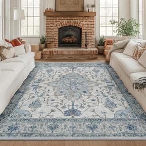 RELEANY Area Rugs Square 8ft Washable Non-Slip, Floral Vintage Distress Print Pattern Medallion Carpet for Living Room Bedroom Dining Room, Light Blue Navy Beige Gray White