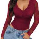 SAUNGKUAI Women's V Neck Lace Bodysuit Long Sleeve Bodysuits Double Lined Going Out Tops Y2K Trendy Thong Outfits (Medium, Burgundy)
